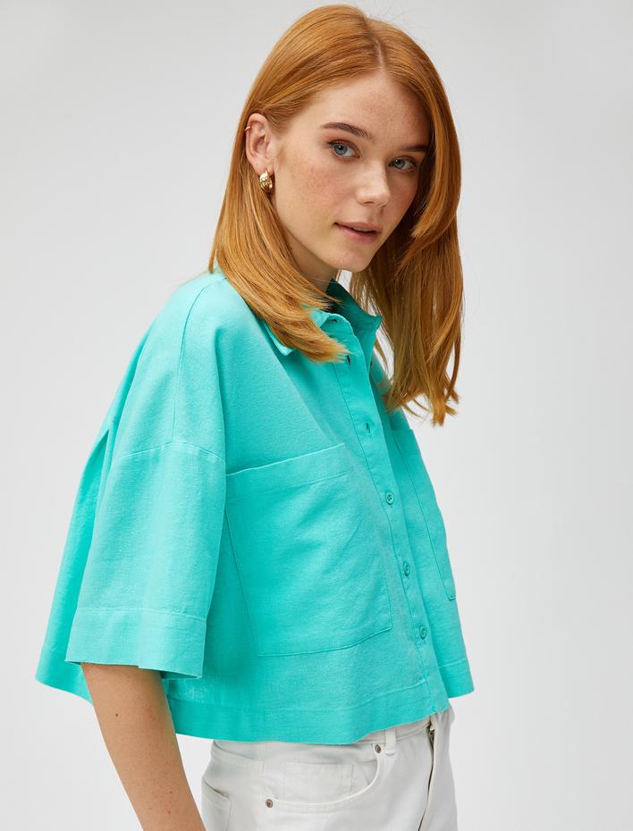  Crop Oversize Gömlek Keten Karışımlı Cepli