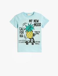 Ananas Baskılı Tişört Kısa Kollu Bisiklet Yaka Pamuklu