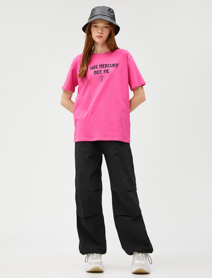  Baskılı Tişört Bisiklet Yaka Kısa Kollu Pamuklu