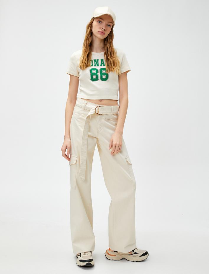  Crop Tişört Baskılı Bisiklet Yaka Kısa Kollu Pamuklu