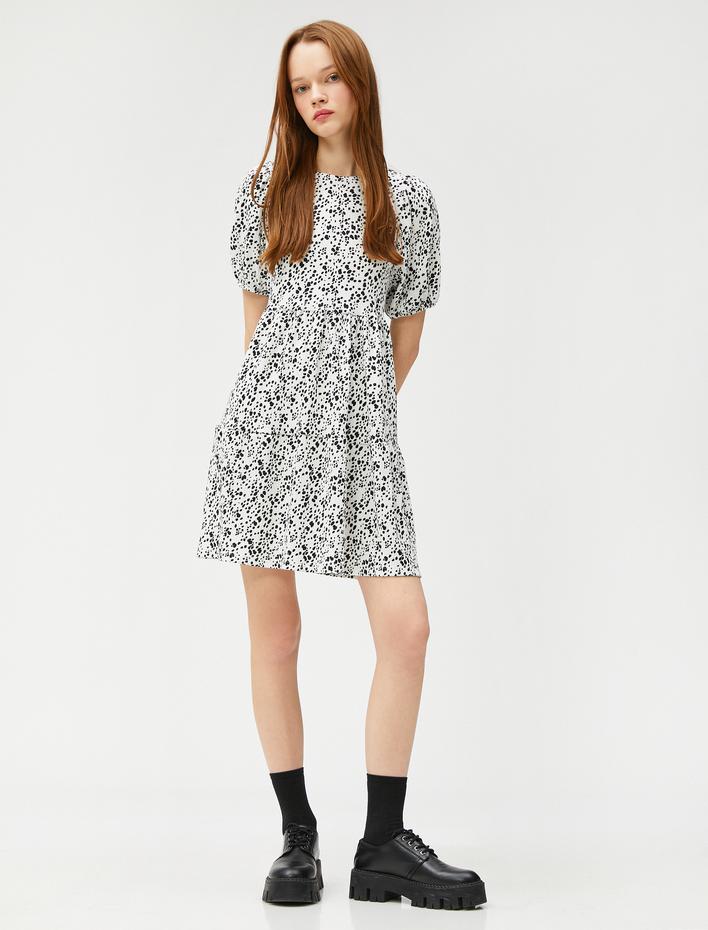  Mini Elbise Balon Kollu Volanlı Desenli Bisiklet Yaka