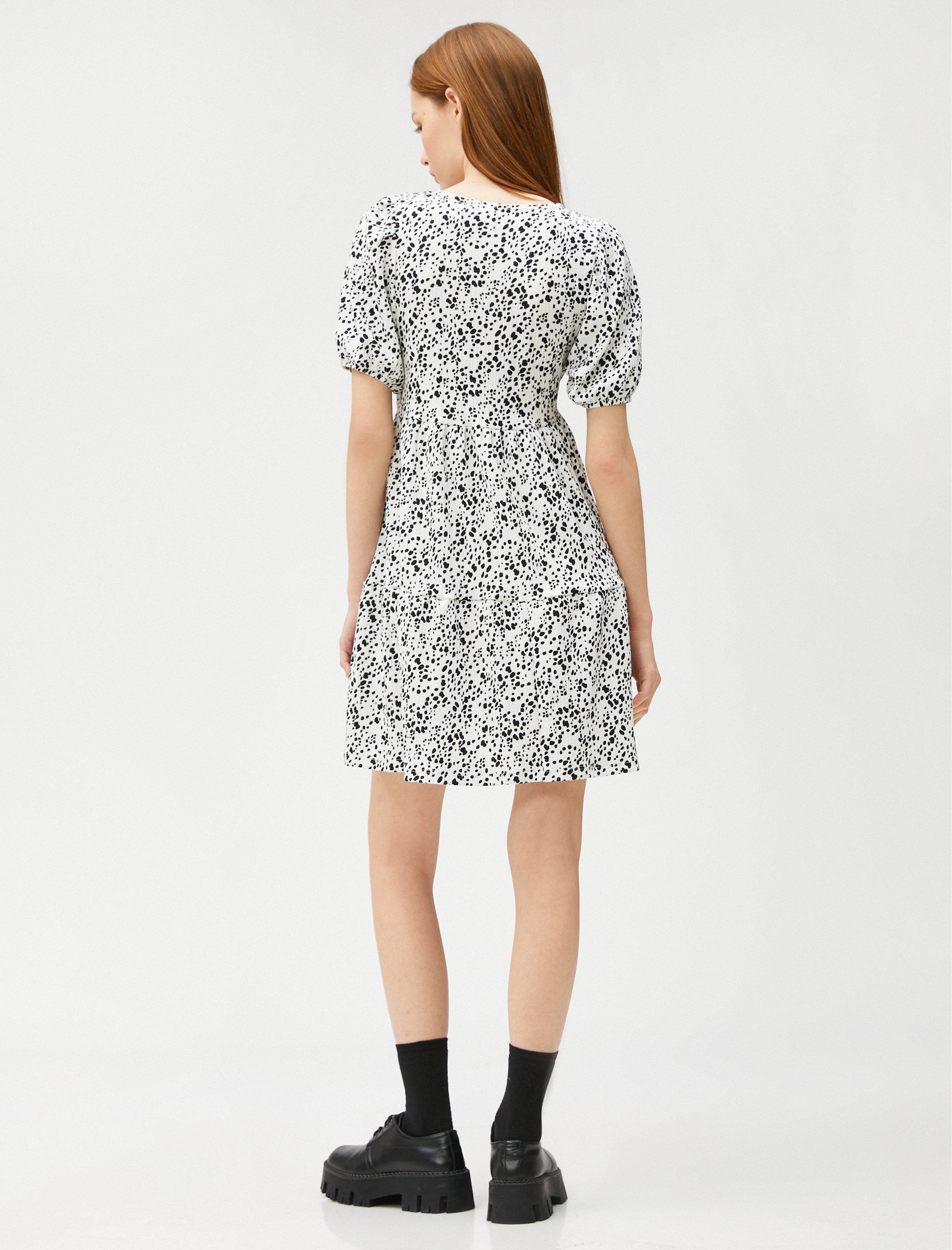   Mini Elbise Balon Kollu Volanlı Desenli Bisiklet Yaka