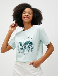 Baskılı Tişört Kısa Kollu Bisiklet Yaka Pamuklu