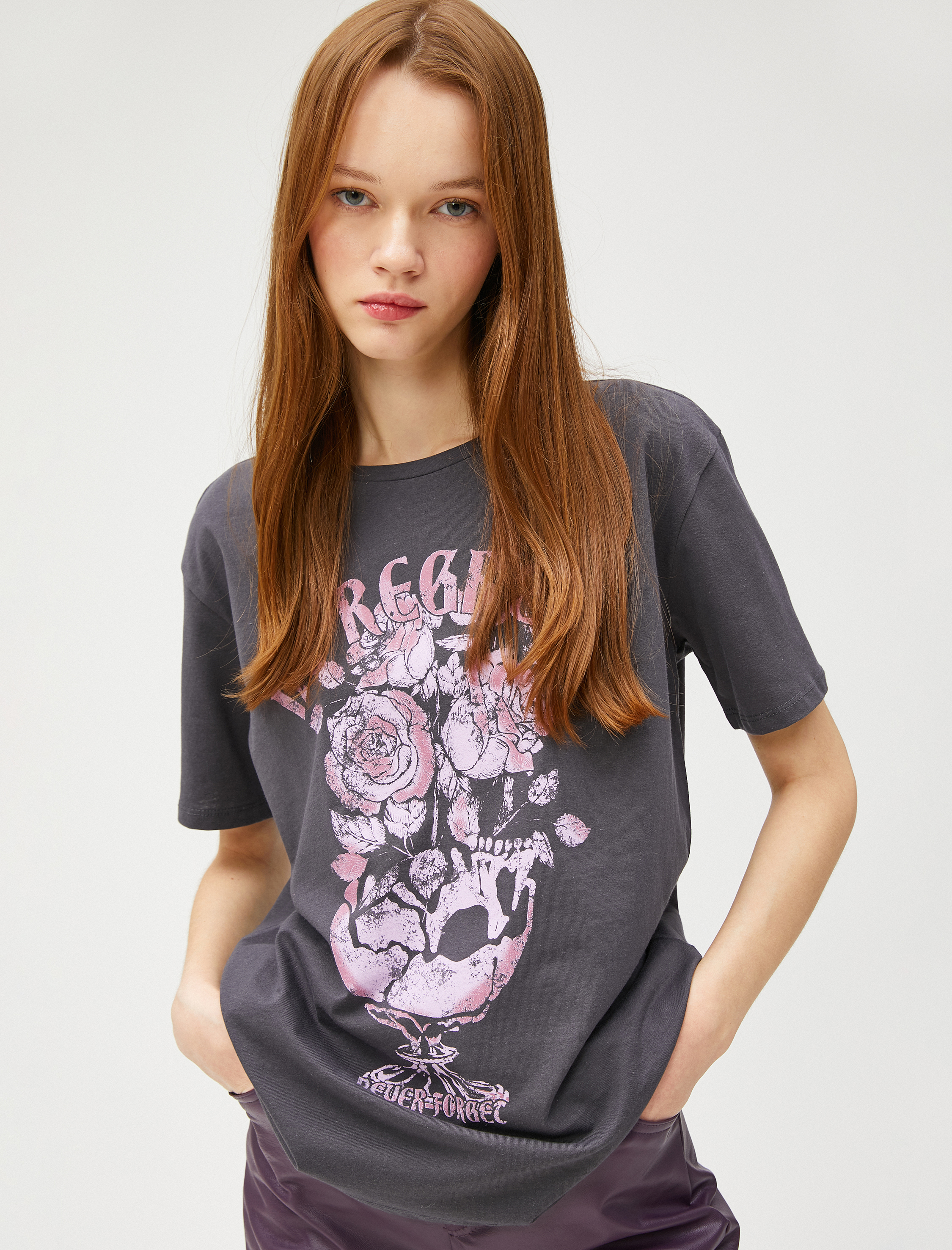   Baskılı Oversize Tişört Bisiklet Yaka Kısa Kollu Pamuklu