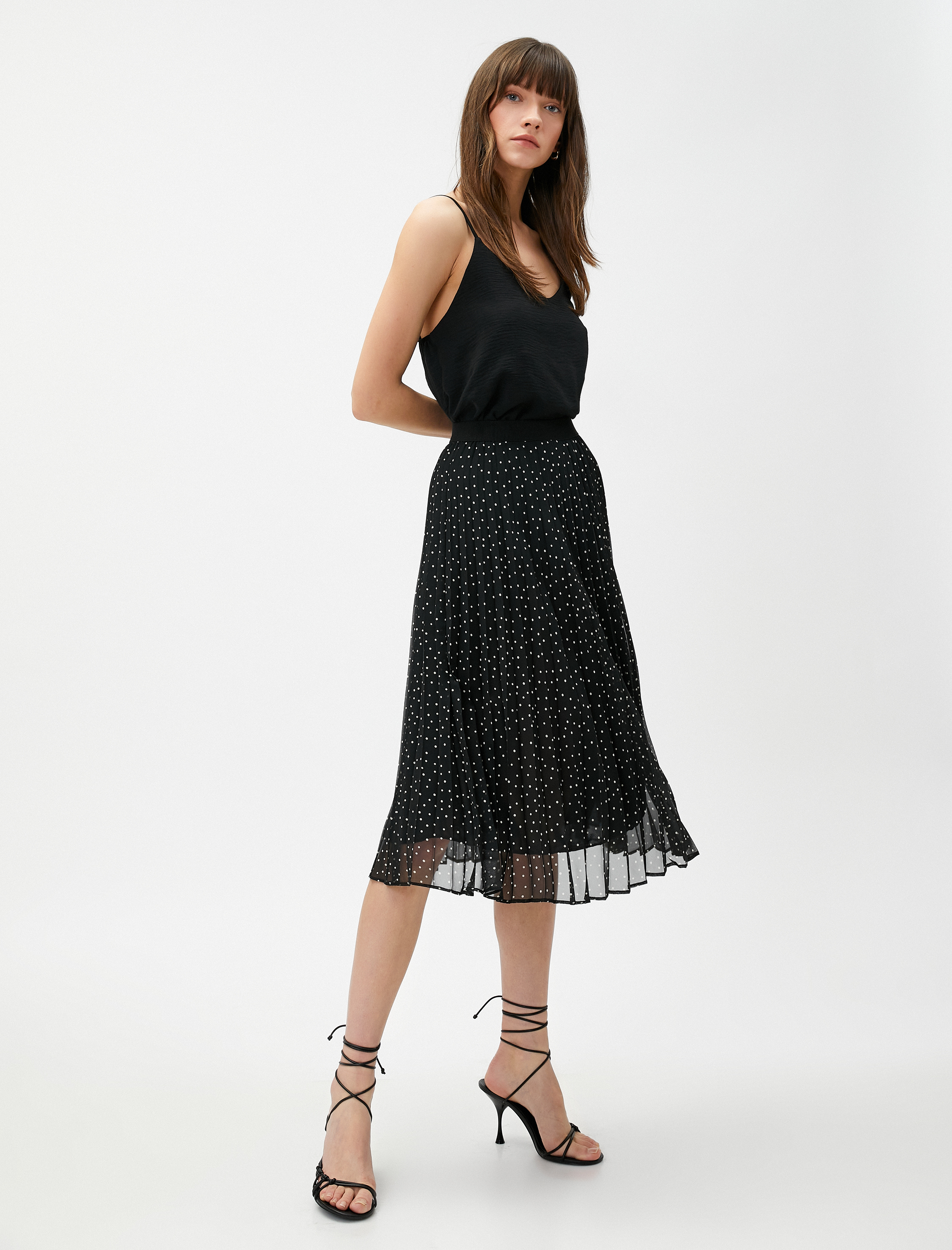   Puantiyeli Pileli Şifon Midi Etek