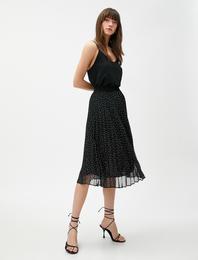 Puantiyeli Pileli Şifon Midi Etek