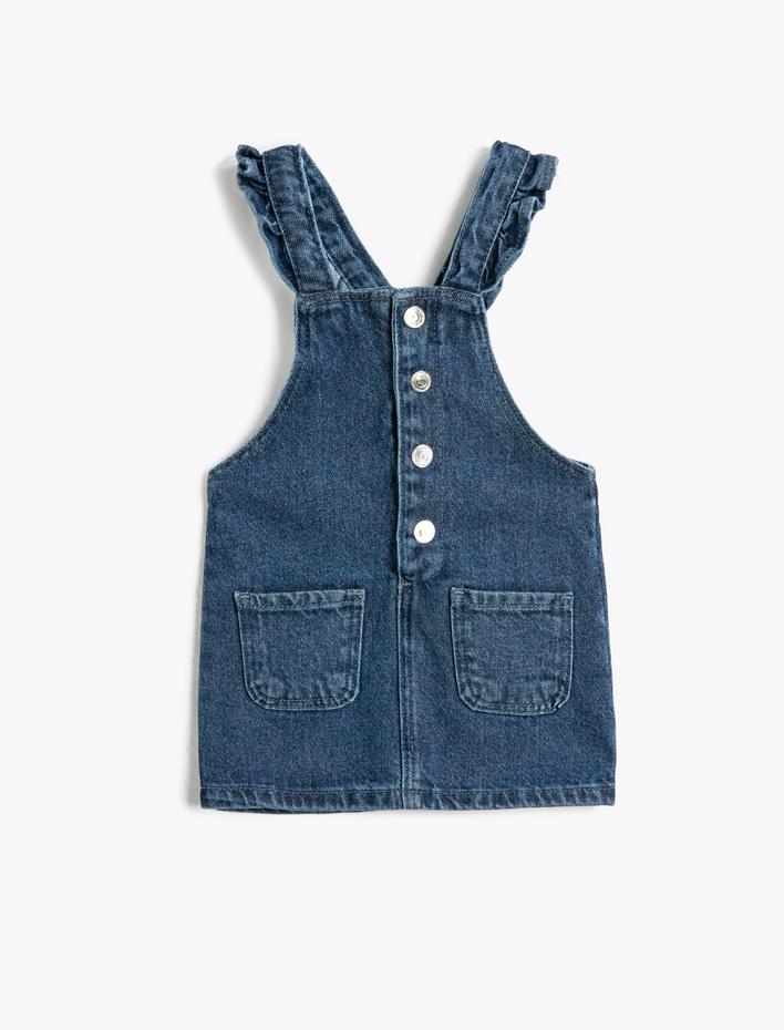 Kız Bebek Kot Elbise Salopet Düğmeli Fırfır Detaylı Pamuklu