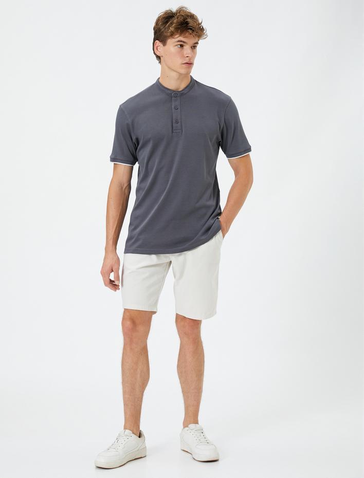  Hakim Yaka Tişört Dar Kesim Düğmeli Kısa Kollu Biyeli