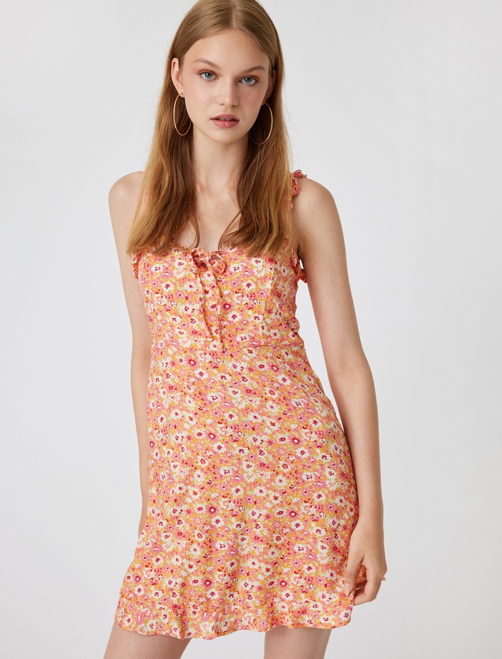  Mini Çiçekli Elbise Askılı Fırfırlı Bağlama Detaylı Viskon