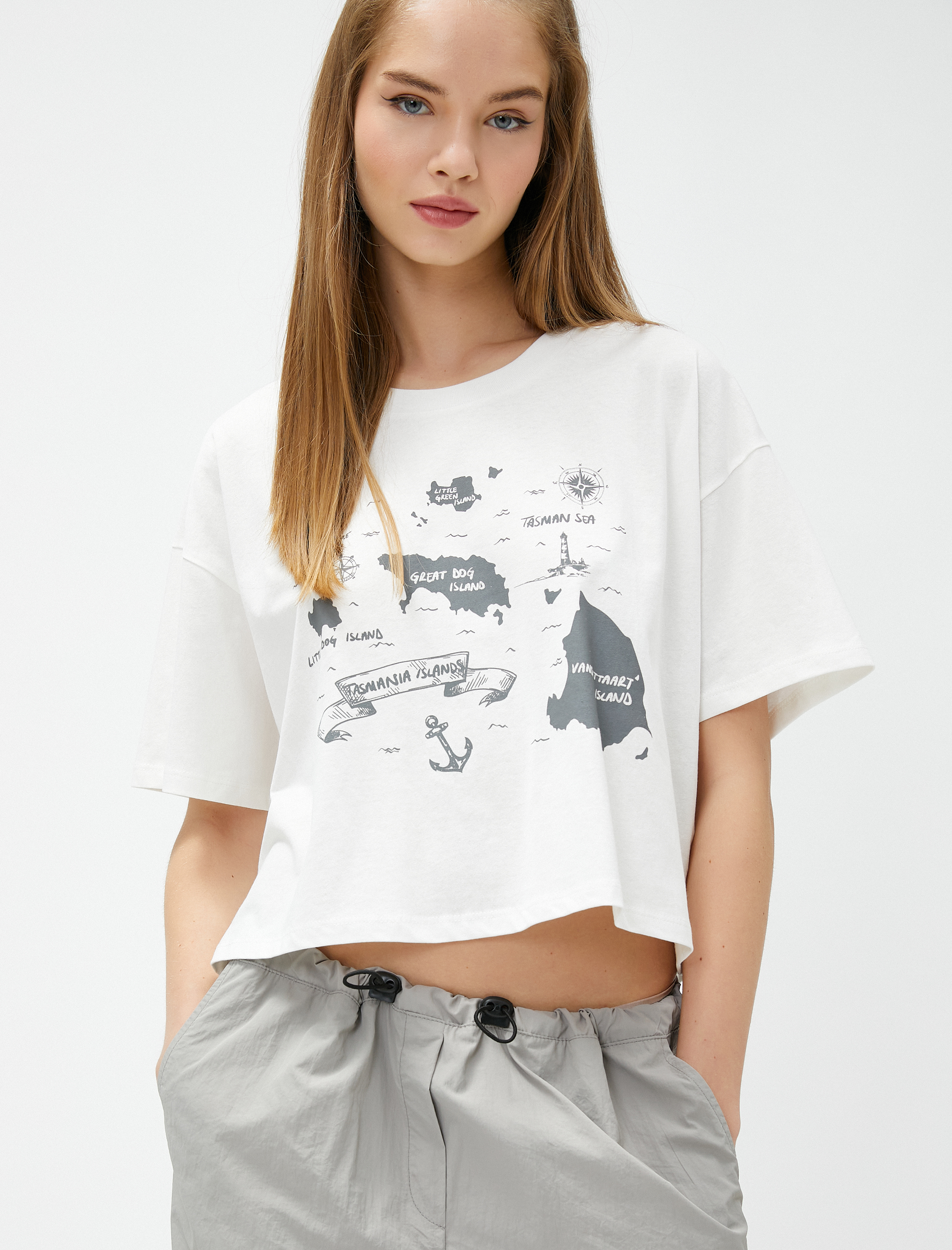   Crop Tişört Baskılı Bisiklet Yaka Kısa Kollu Pamuklu