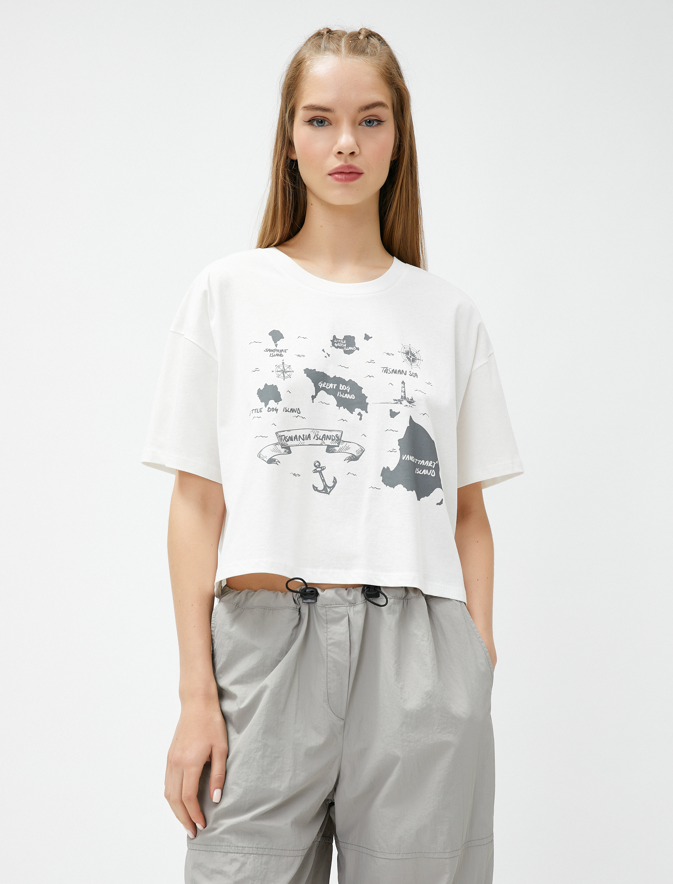   Crop Tişört Baskılı Bisiklet Yaka Kısa Kollu Pamuklu