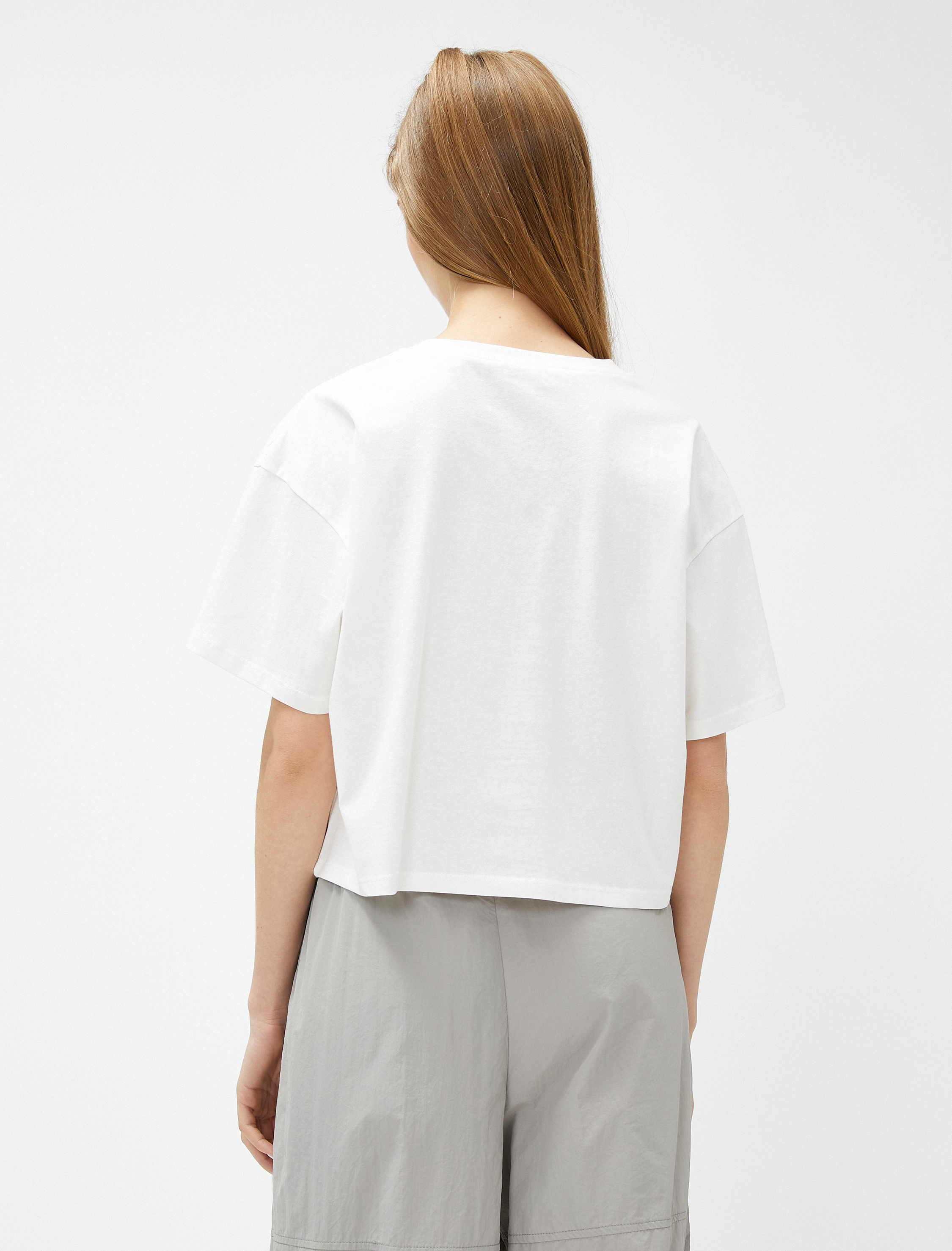   Crop Tişört Baskılı Bisiklet Yaka Kısa Kollu Pamuklu