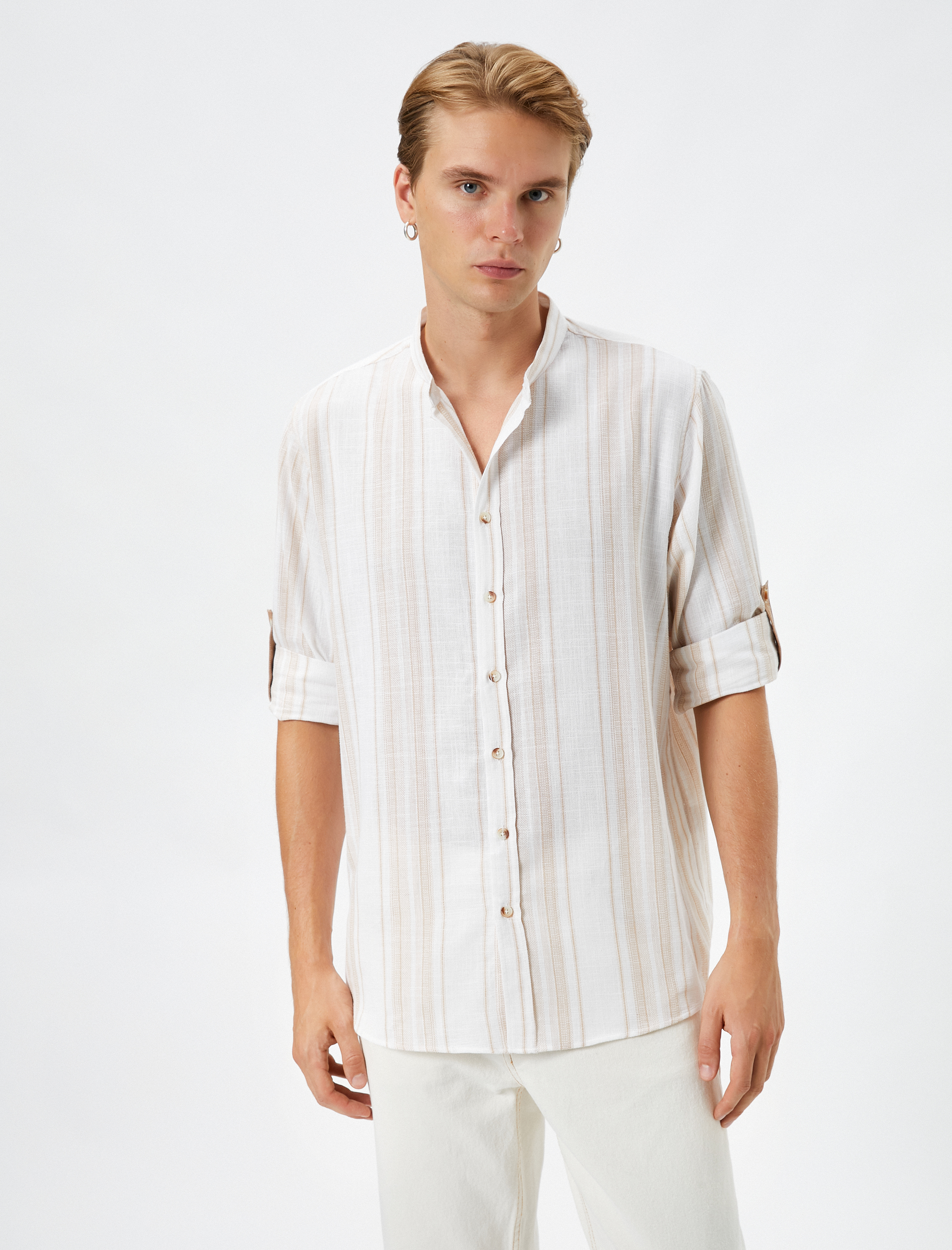 Hakim Yaka Gömlek Uzun Kollu Düğmeli Katlanabilir Kol Detaylı