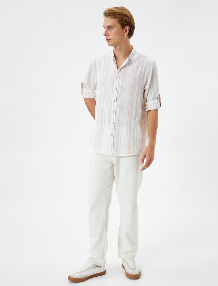  Hakim Yaka Gömlek Uzun Kollu Düğmeli Katlanabilir Kol Detaylı