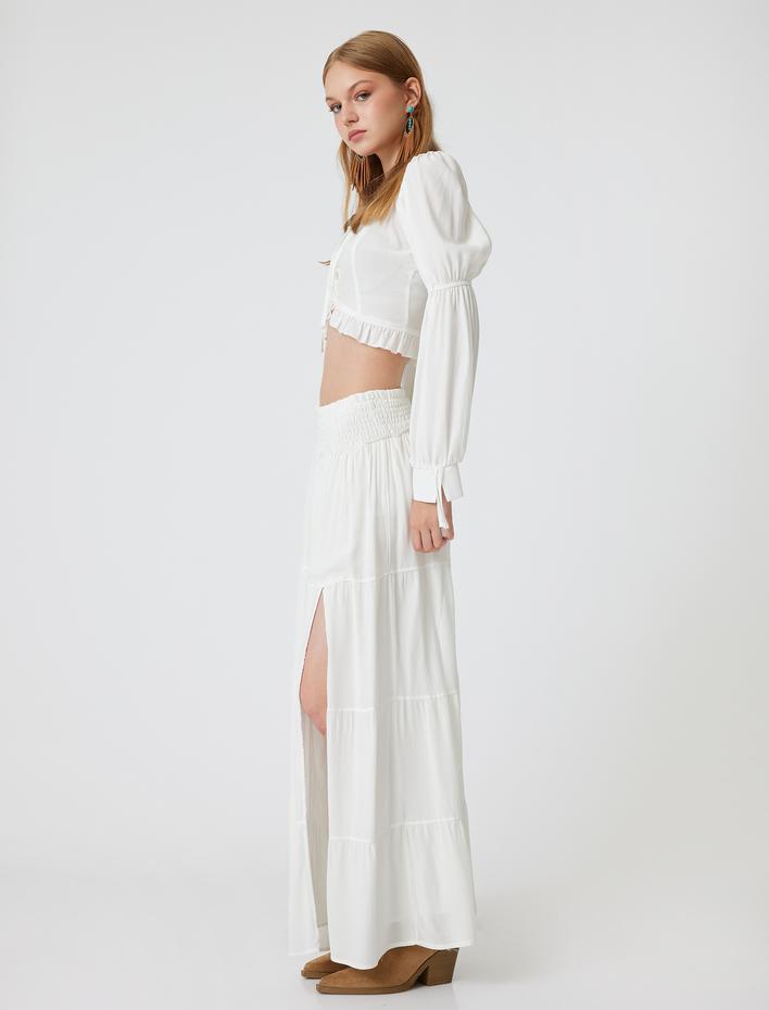  Uzun Etek Viskon Beli Gipeli Katlı Yırtmaç Detaylı