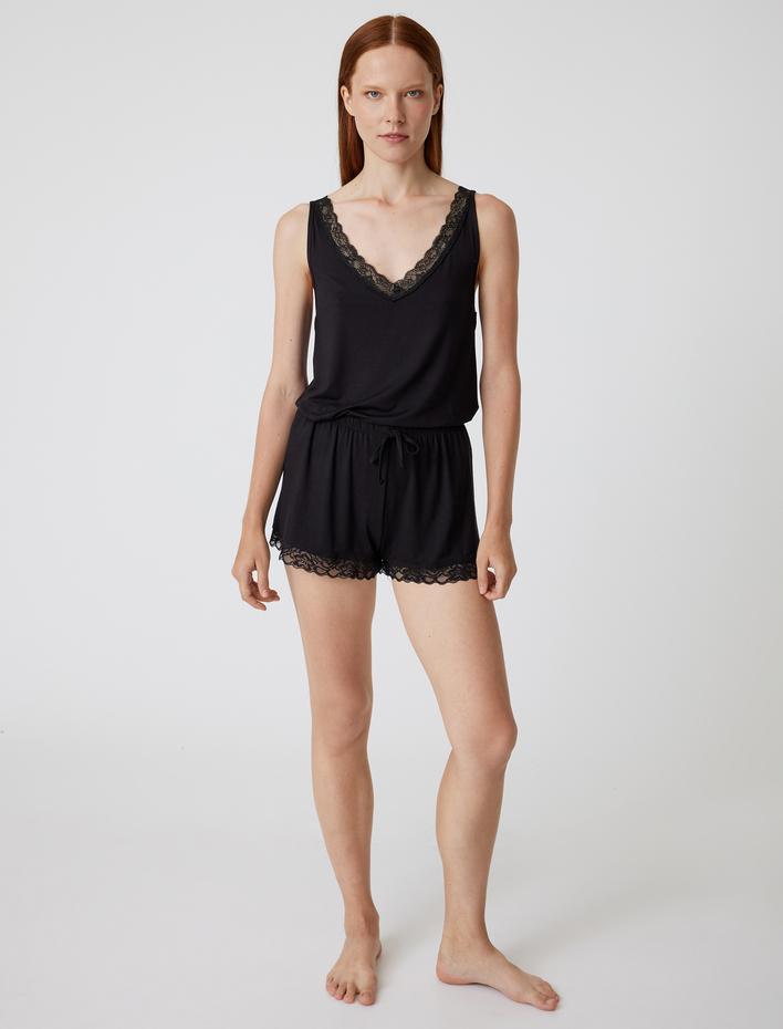  Şort Pijama Altı Dantel Detaylı Viskon Kumaş