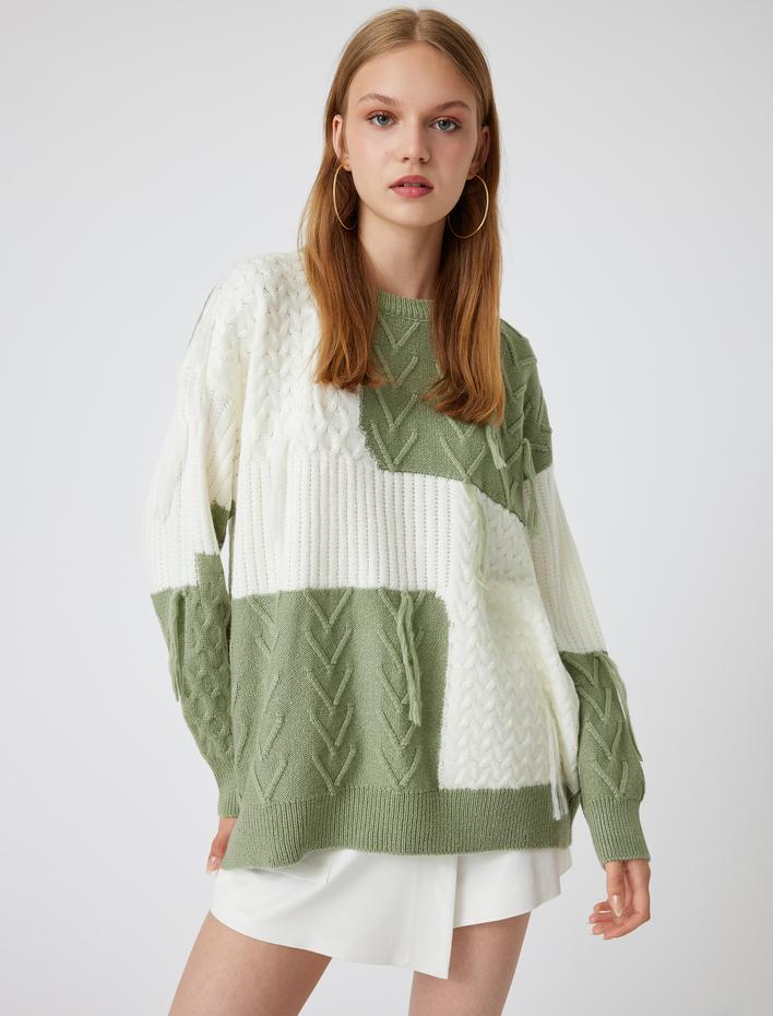  Oversize Triko Kazak Bisiklet Yaka Renk Bloklu Dokulu