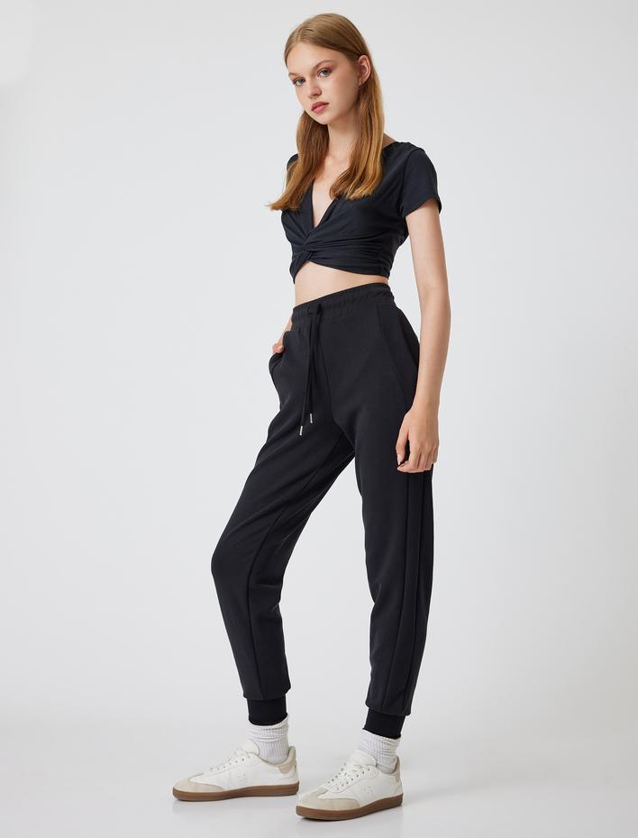  Yüksek Bel Dikiş Detaylı Beli Bağcıklı Cepli Jogger Eşofman Altı