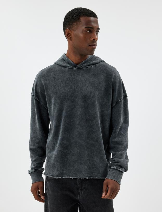 Oversize Sweatshirt Yıkamalı Uzun Kollu Kapşonlu Pamuk Karışımlı_2