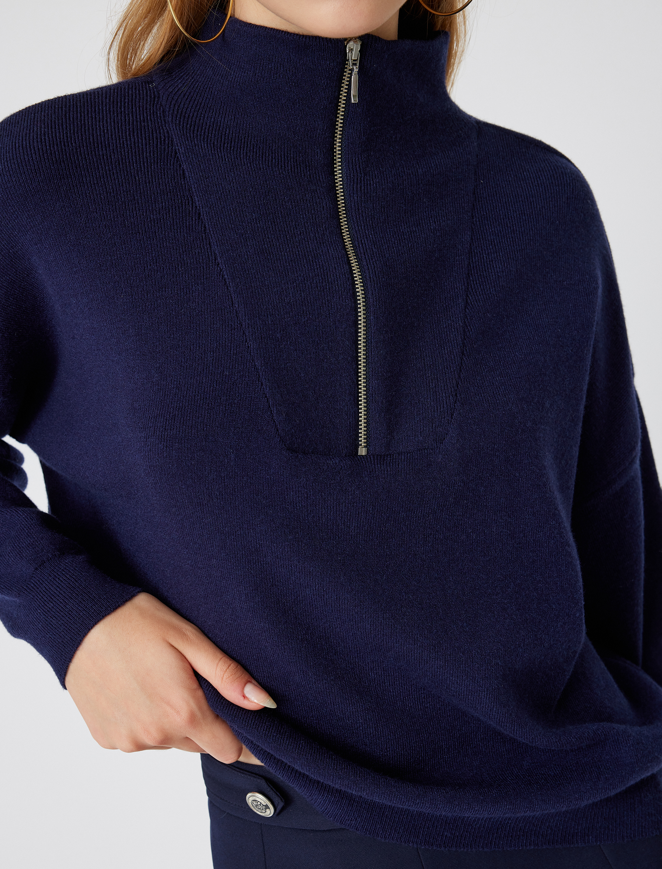   Yarım Fermuarlı Viskon Karışımlı Triko Kazak