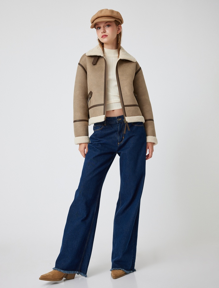  Suni Deri Ceket Şerpalı Yaka Peluş Astarlı Fermuarlı Cep Detaylı Rahat Kalıp