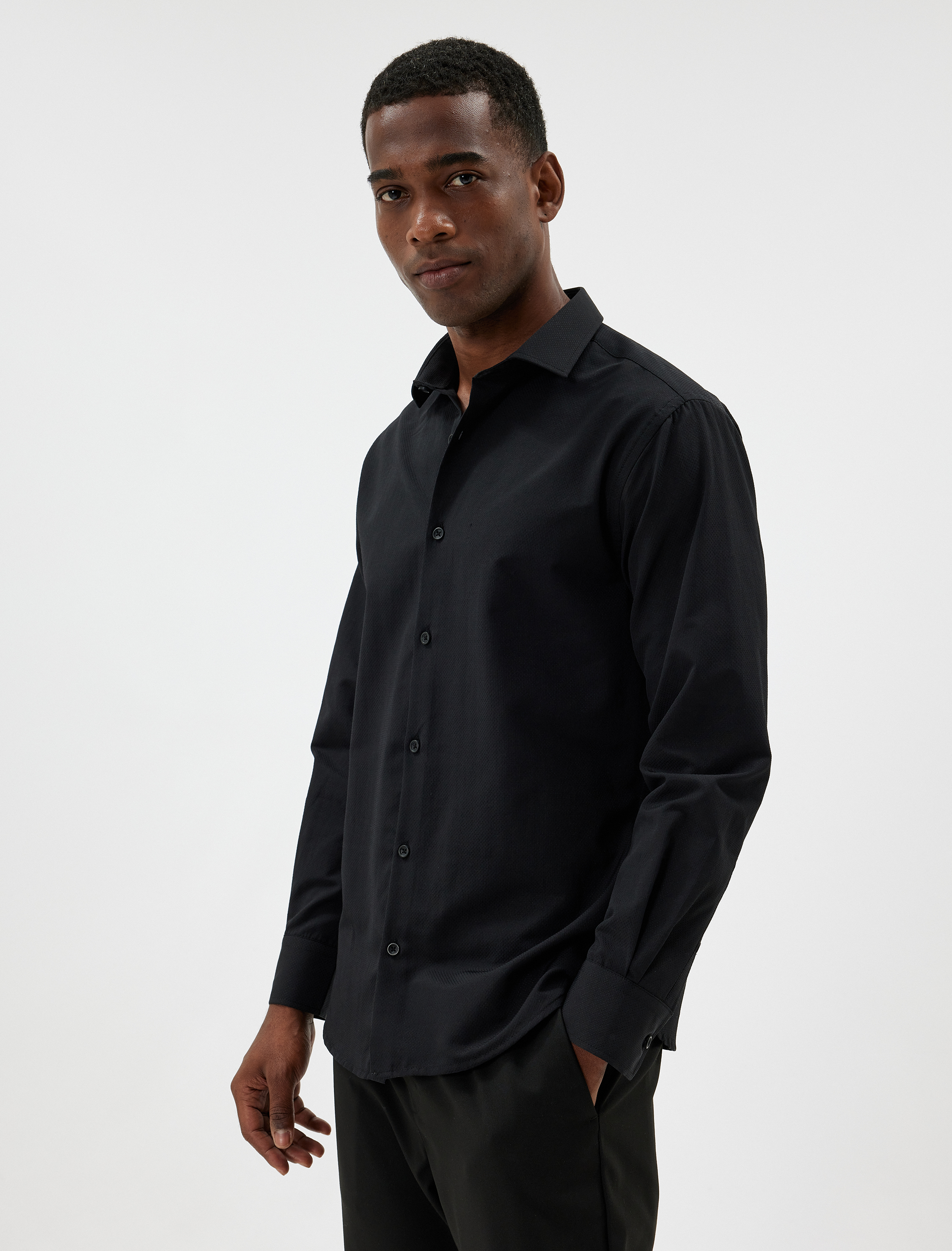   Yarım İtalyan Yaka Gömlek Basic Uzun Kollu Pamuk Karışımlı Regular Fit