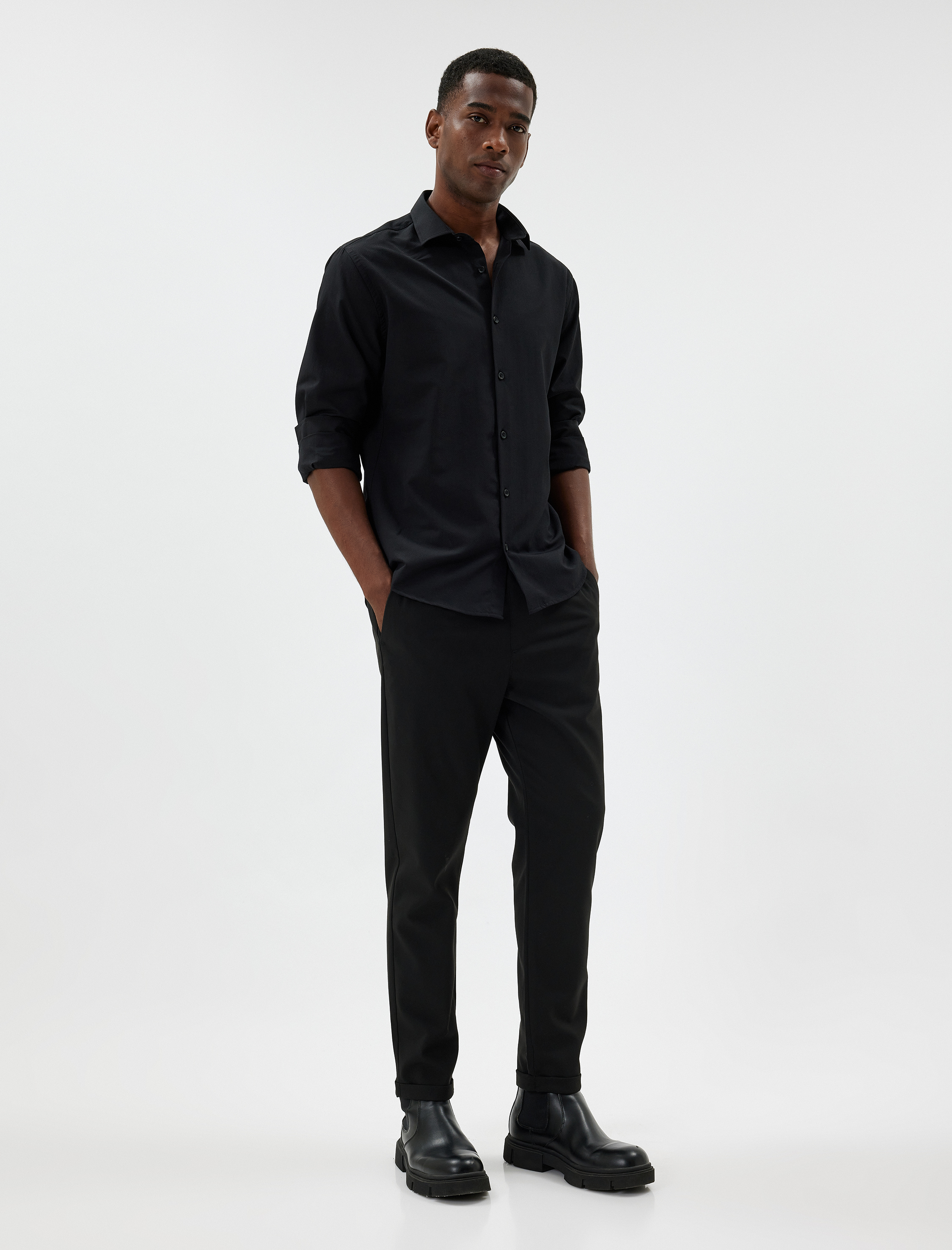   Yarım İtalyan Yaka Gömlek Basic Uzun Kollu Pamuk Karışımlı Regular Fit