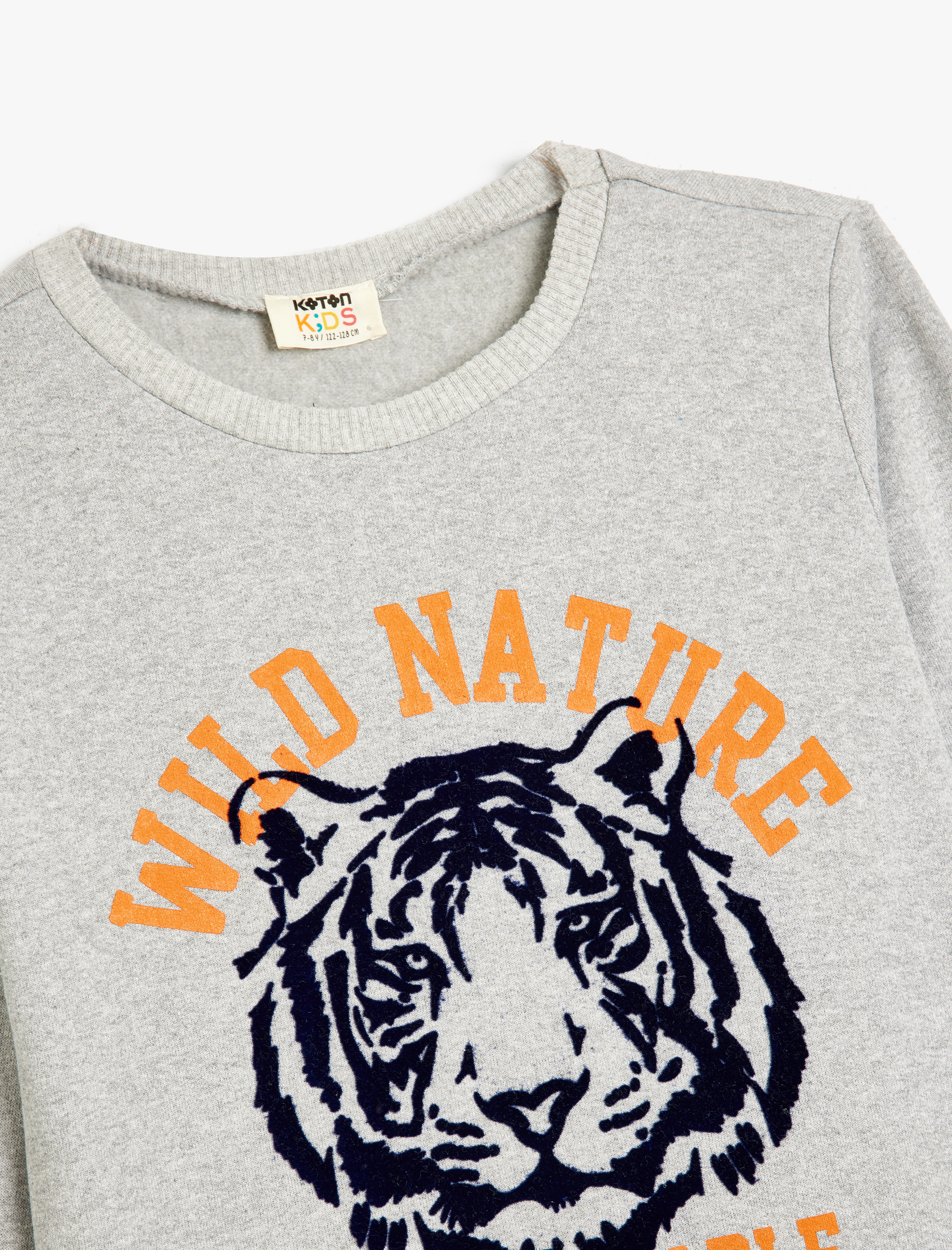  Erkek Çocuk Sweatshirt Kaplan Kabartma Baskılı Şardonlu Bisiklet Yaka