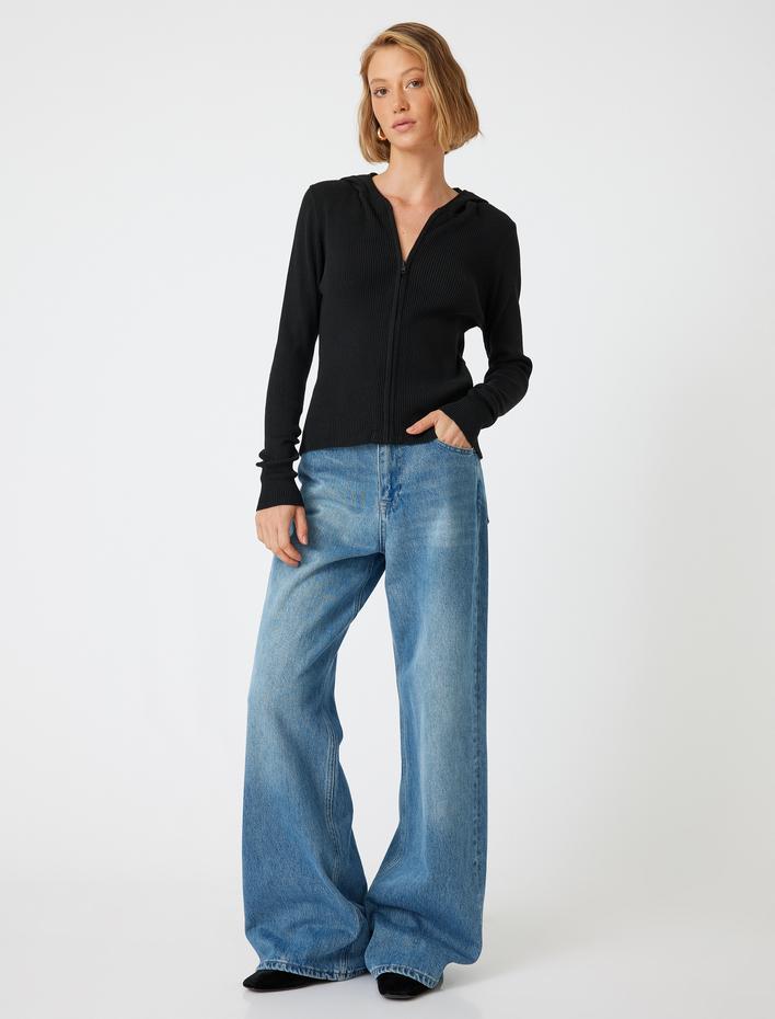  Yuvarlak Yaka Fitilli Uzun Kollu Fermuarlı Triko Hırka