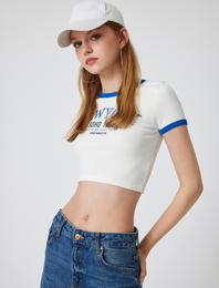 Crop Tişört Slogan Baskılı Bisiklet Yaka Biyeli Kısa Kollu Slim Fit