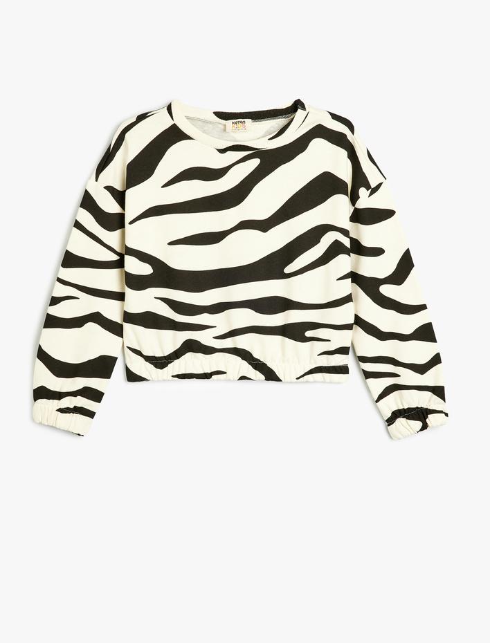 Kız Çocuk Crop Sweatshirt Desenli Yuvarlak Yaka Uzun Kollu Pamuklu Şardonlu