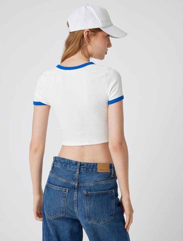 Crop Tişört Slogan Baskılı Bisiklet Yaka Biyeli Kısa Kollu Slim Fit_3