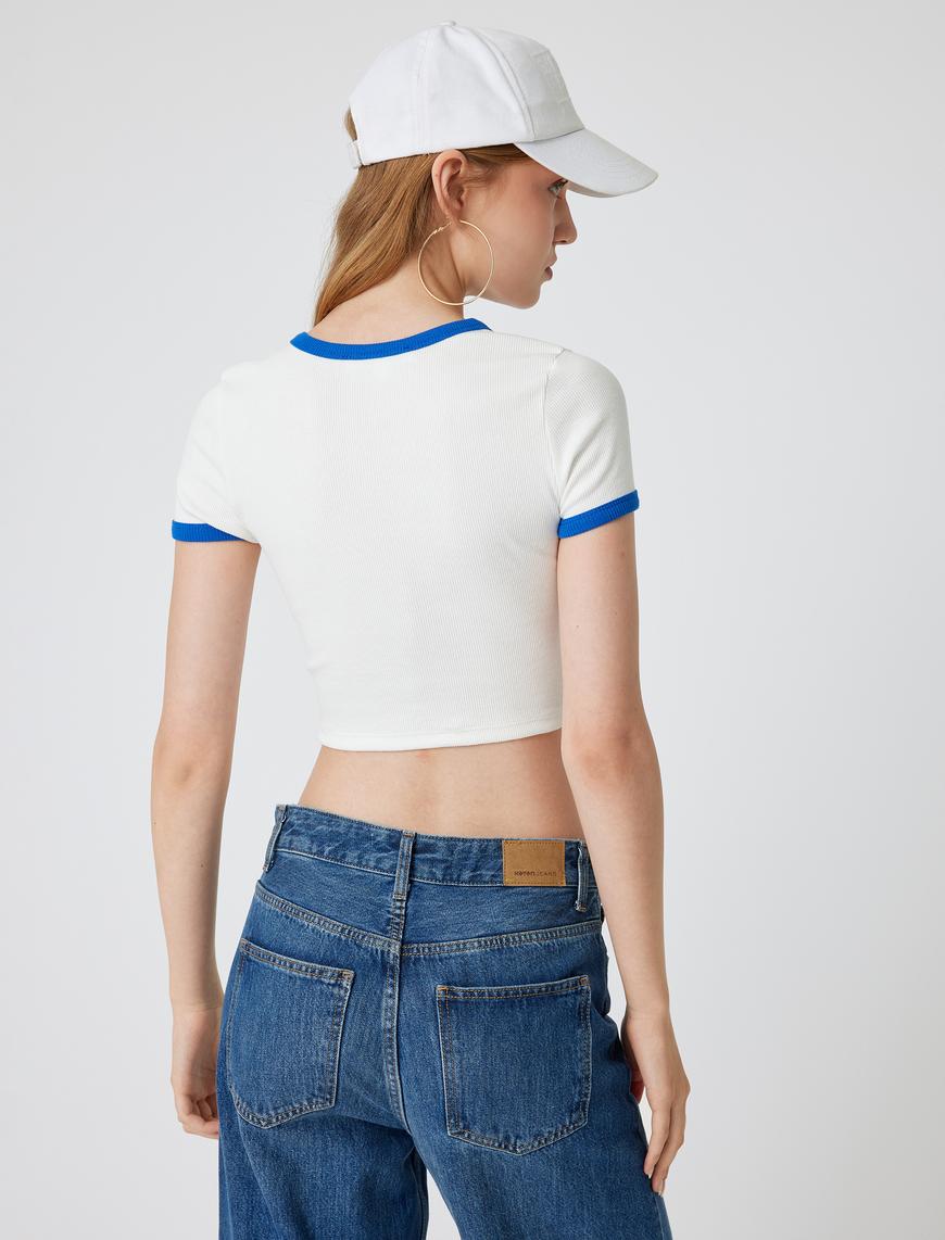   Crop Tişört Slogan Baskılı Bisiklet Yaka Biyeli Kısa Kollu Slim Fit