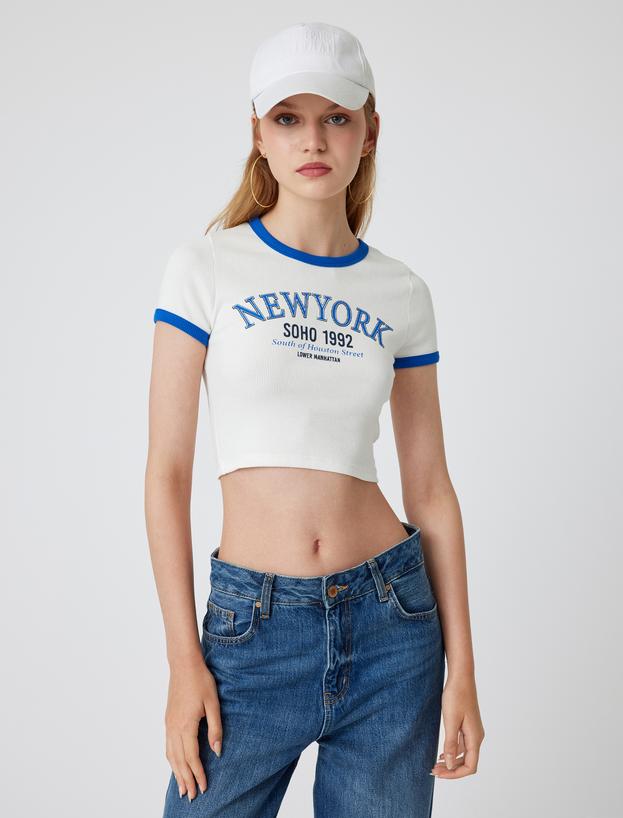 Crop Tişört Slogan Baskılı Bisiklet Yaka Biyeli Kısa Kollu Slim Fit_2