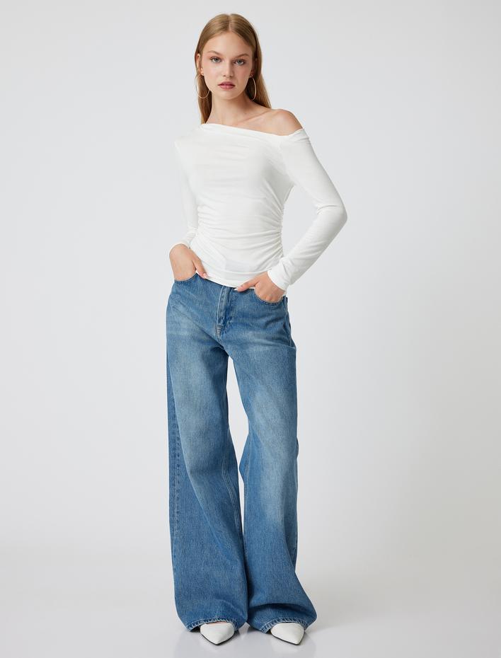  Uzun Kollu Tişört Asimetrik Yaka Drapeli Viskon Slim Fit