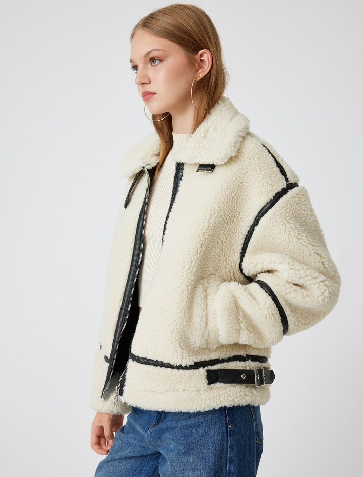  Oversize Peluş Ceket Cep Detaylı Fermuarlı Şerpalı Yaka Kemer Detaylı