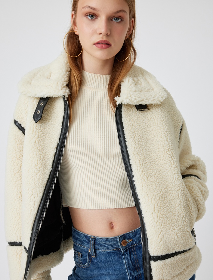  Oversize Peluş Ceket Cep Detaylı Fermuarlı Şerpalı Yaka Kemer Detaylı