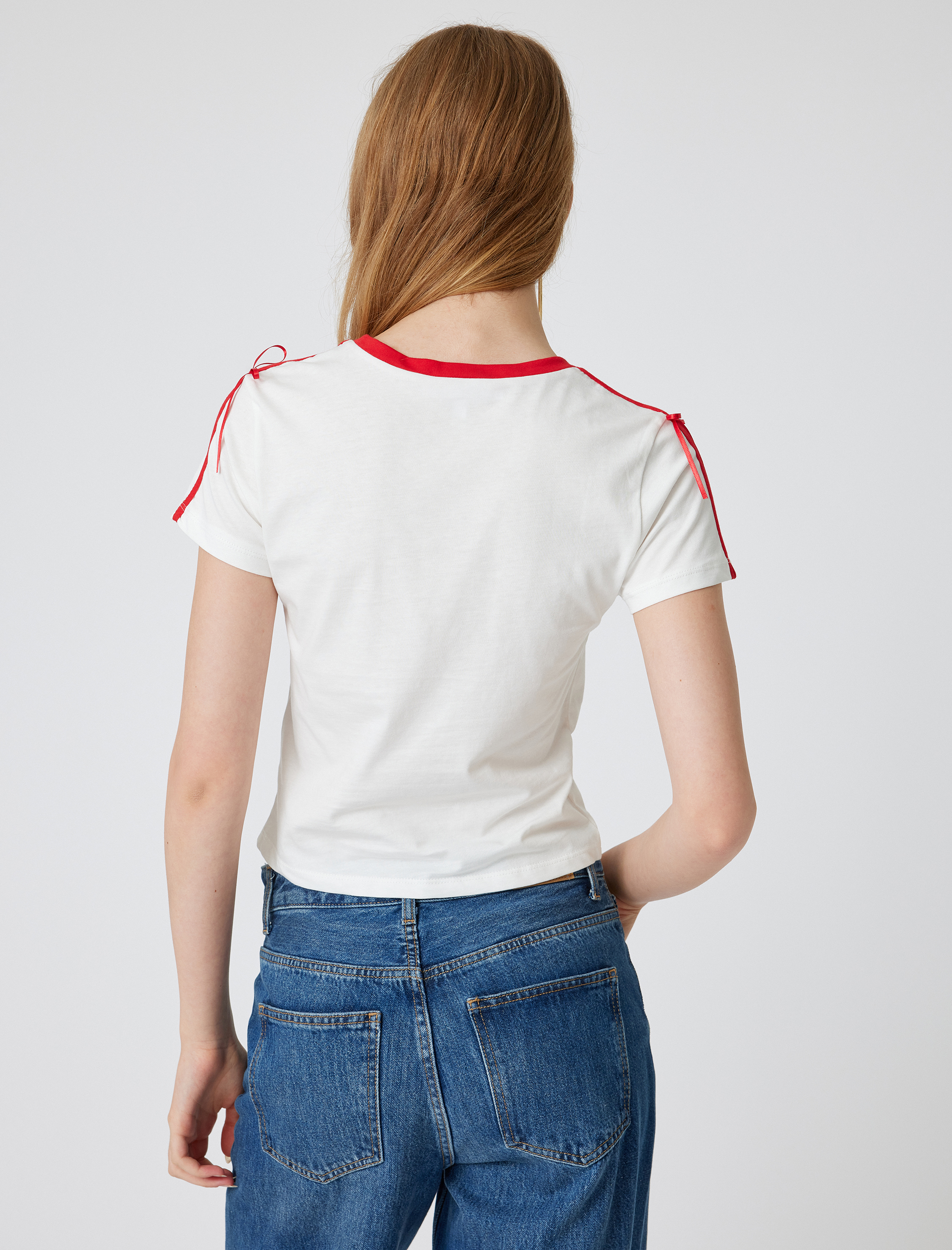   Fiyonklu Tişört Kiraz Baskılı Bisiklet Yaka Kısa Kollu Biyeli