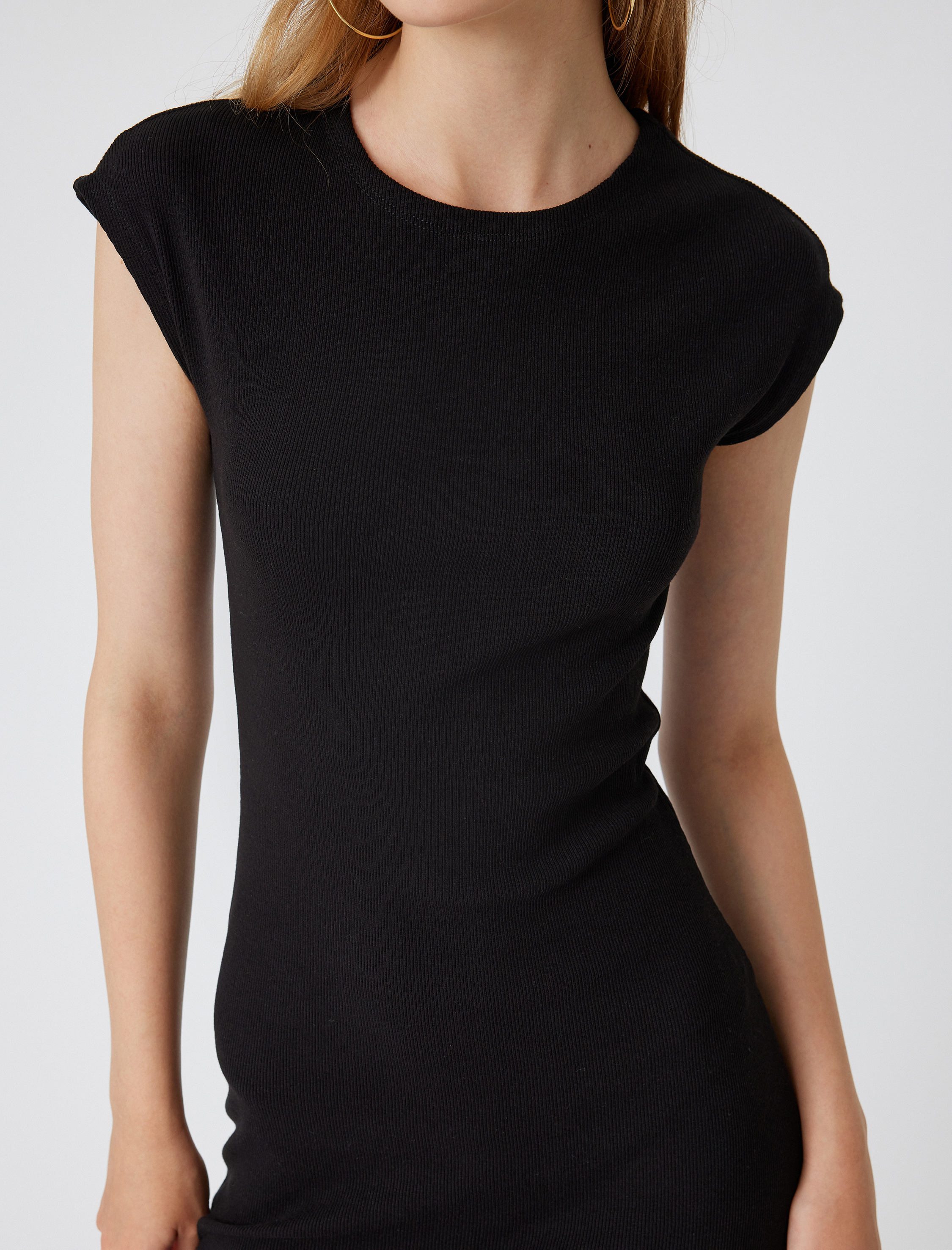 Midi Slip Elbise Bisiklet Yaka Kap Kol Slim Fit