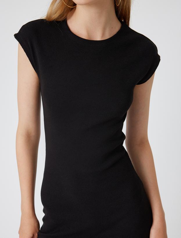 Midi Slip Elbise Bisiklet Yaka Kap Kol Slim Fit_4