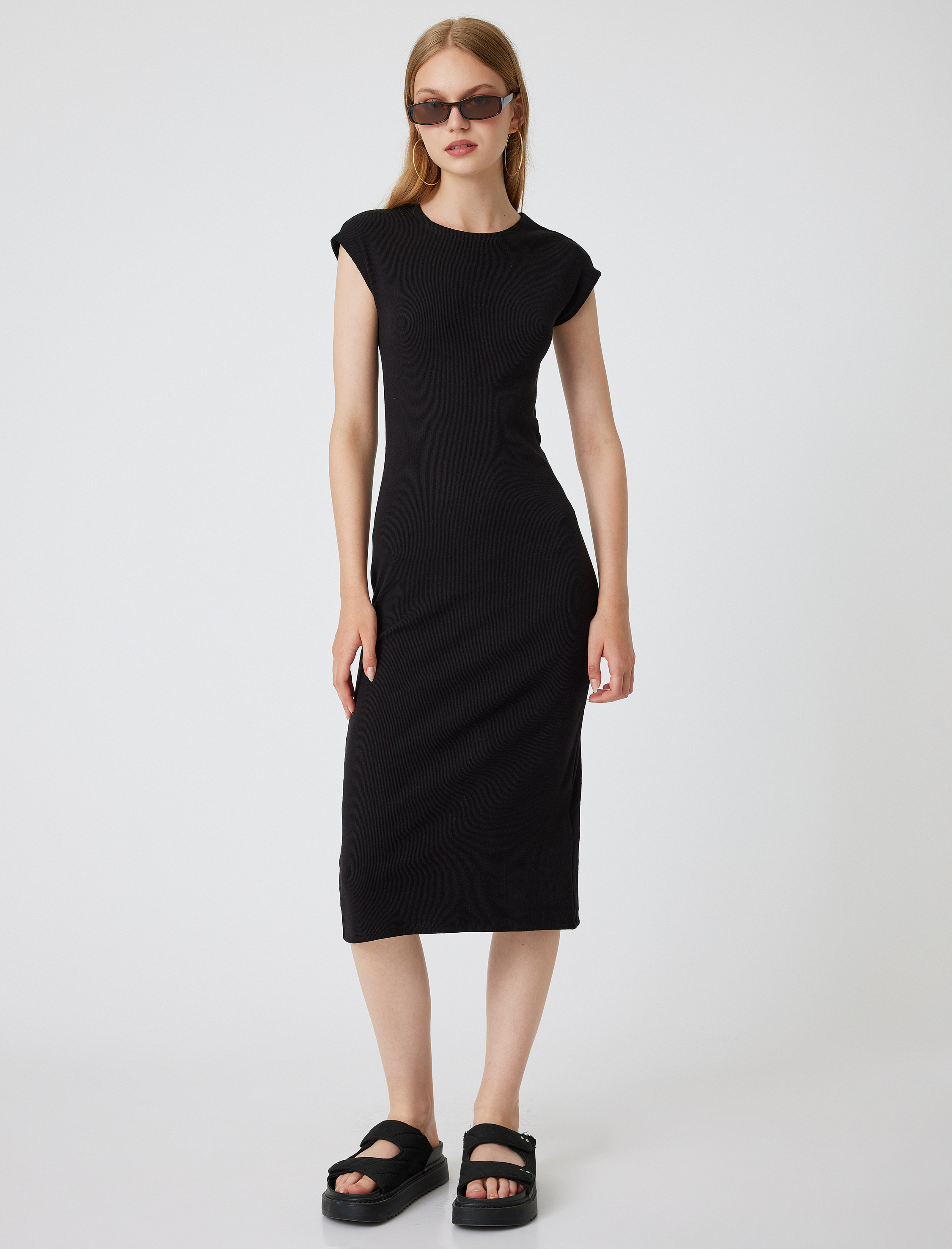 Midi Slip Elbise Bisiklet Yaka Kap Kol Slim Fit