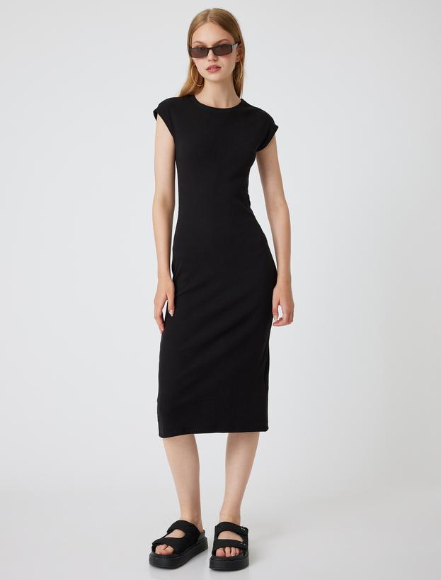 Midi Slip Elbise Bisiklet Yaka Kap Kol Slim Fit_2
