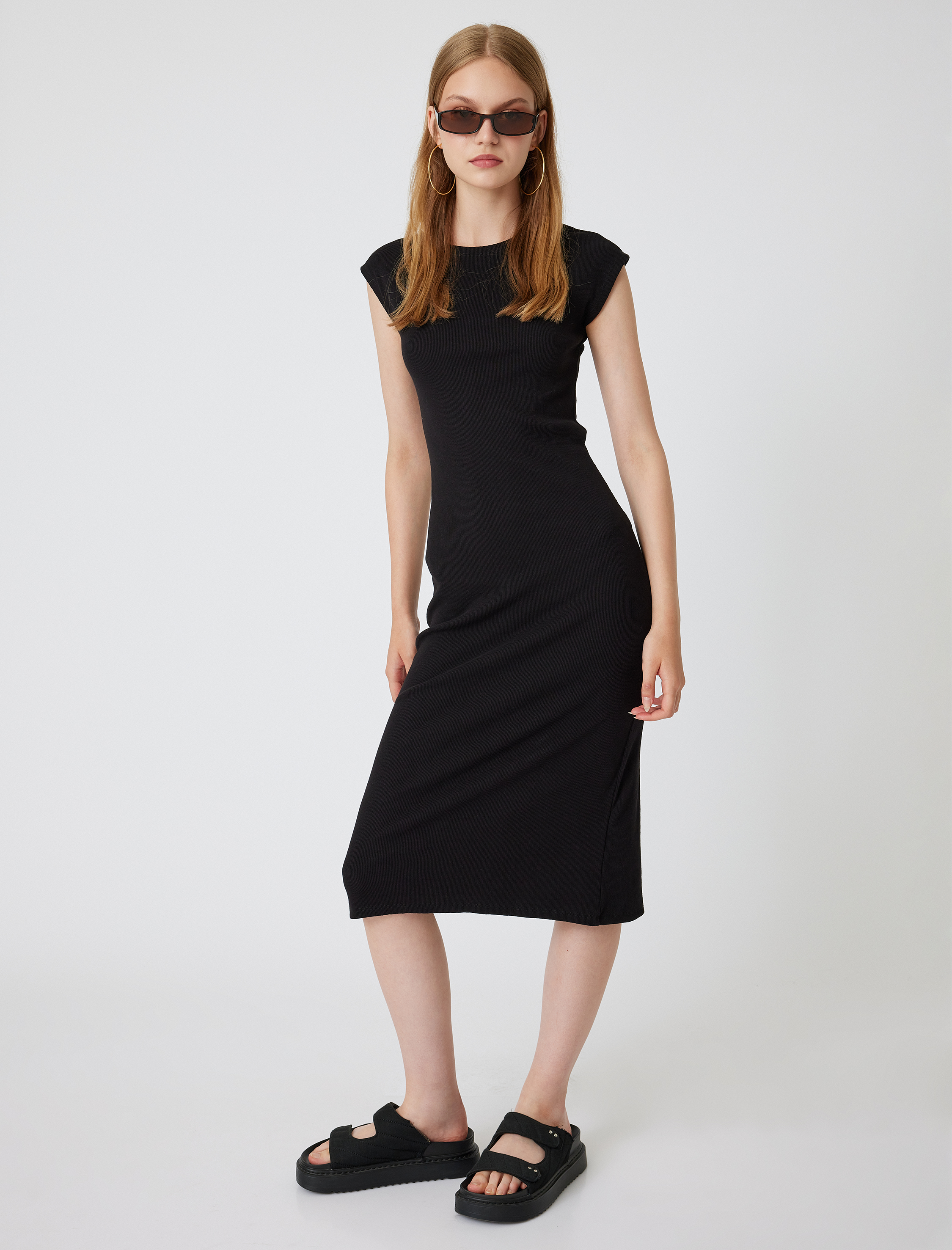 Midi Slip Elbise Bisiklet Yaka Kap Kol Slim Fit