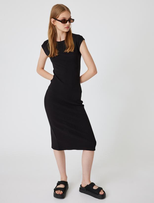 Midi Slip Elbise Bisiklet Yaka Kap Kol Slim Fit_0