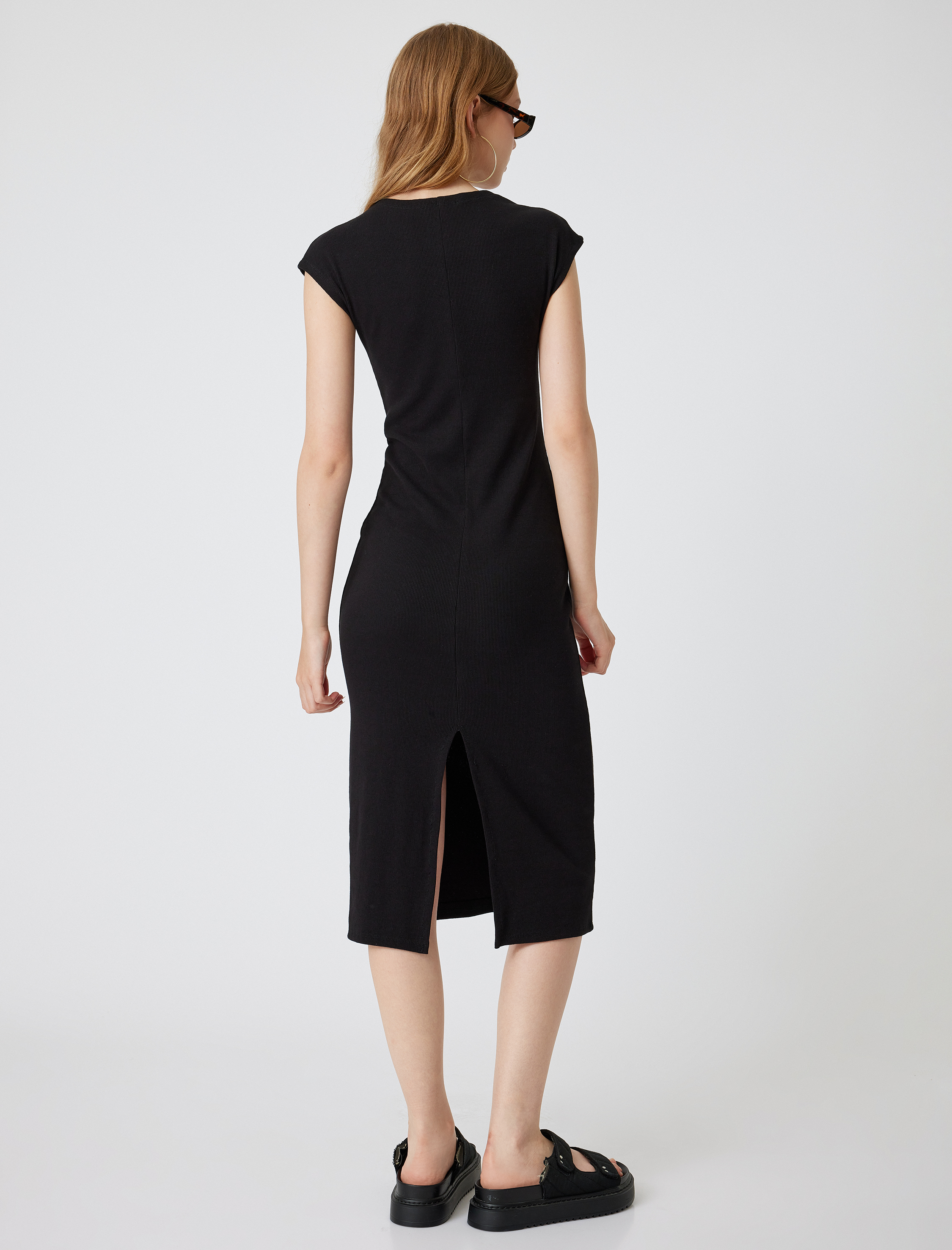 Midi Slip Elbise Bisiklet Yaka Kap Kol Slim Fit