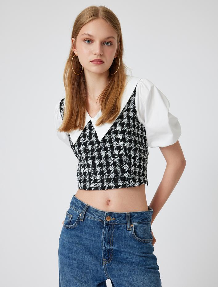  Tüvit Bluz Geniş Bebe Yaka Kısa Balon Kollu Renk Kontrastlı