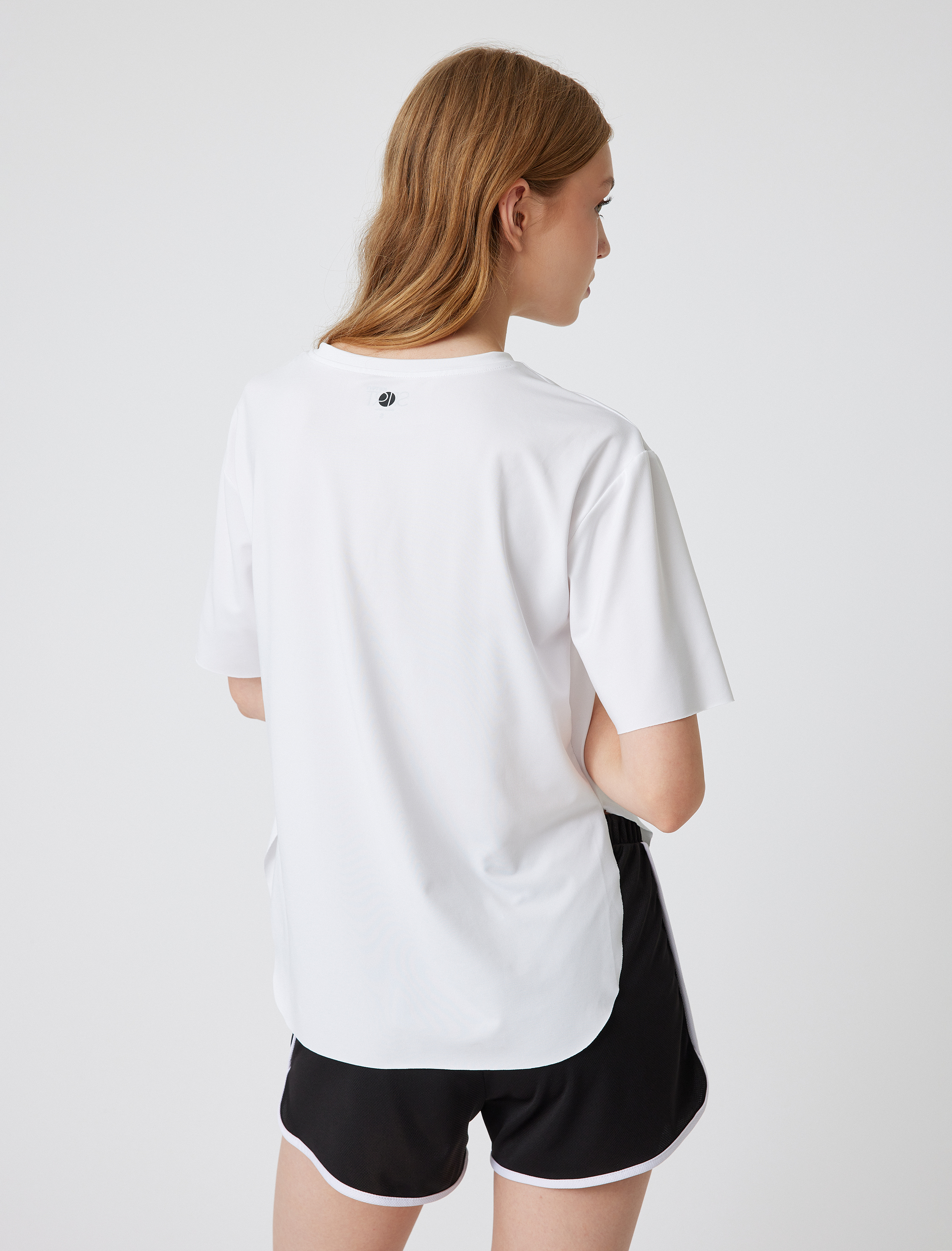 Oversize Spor Tişört Slogan Baskılı Bisiklet Yaka Yırtmaç Detaylı