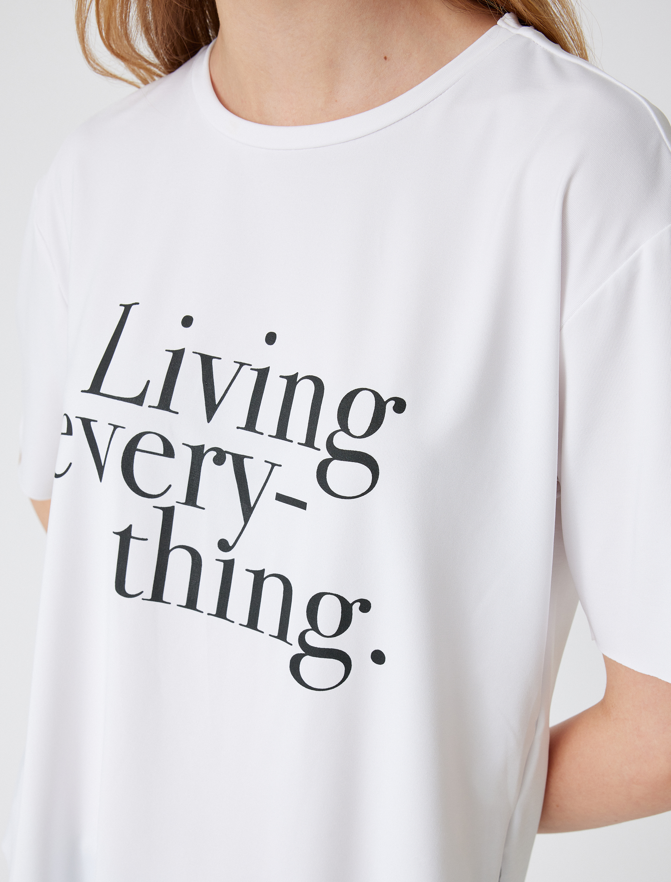 Oversize Spor Tişört Slogan Baskılı Bisiklet Yaka Yırtmaç Detaylı