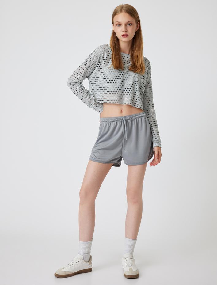  Oversize Crop Spor Tişört Bisiklet Yaka Ajurlu Uzun Kollu