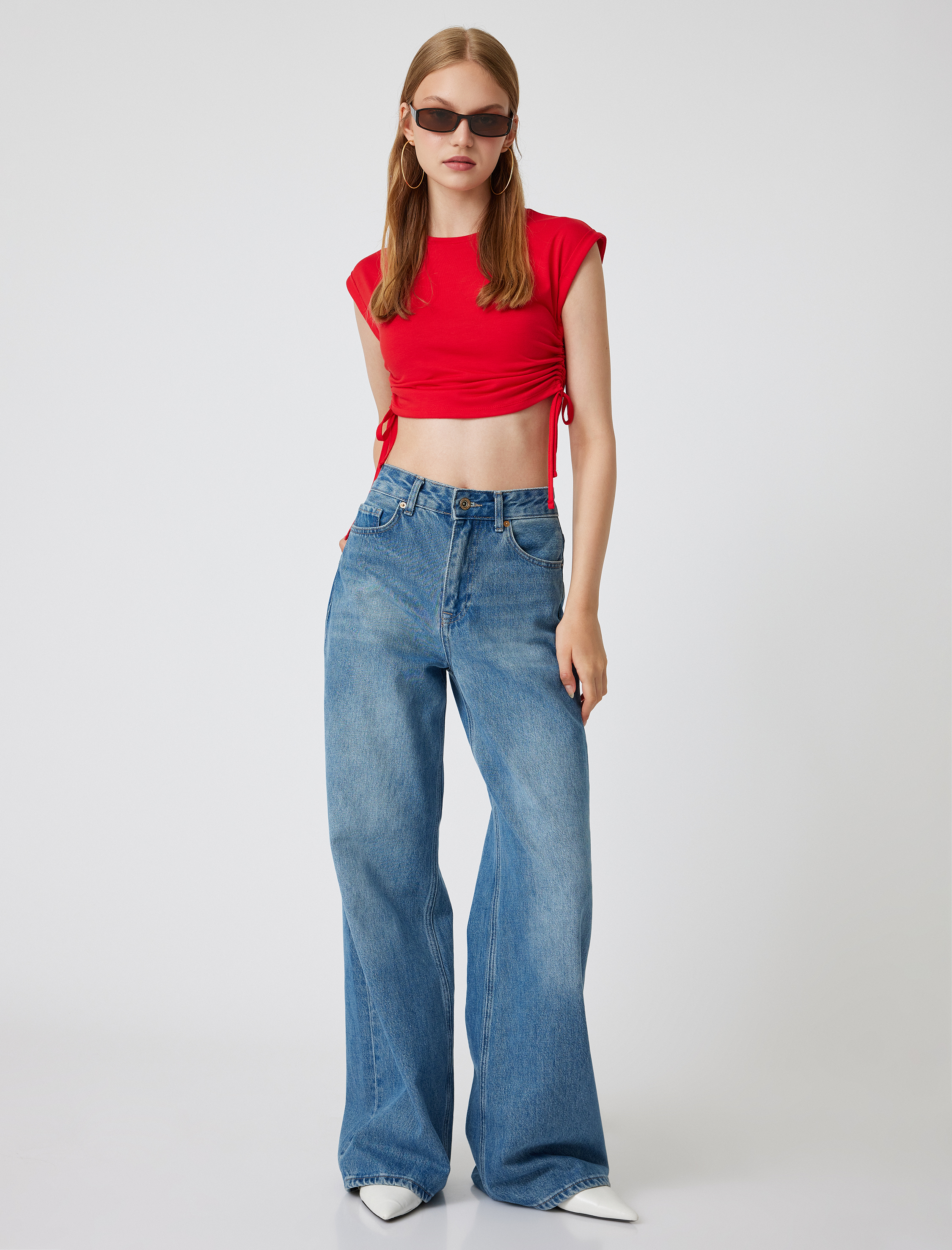   Kolsuz Crop Tişört Yanları Büzgülü Bağlamalı Bisiklet Yaka